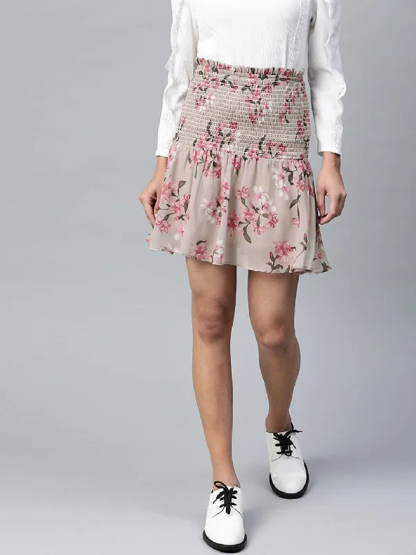 Ultra-lightweight Olive Floral Smocking Mini Skirt