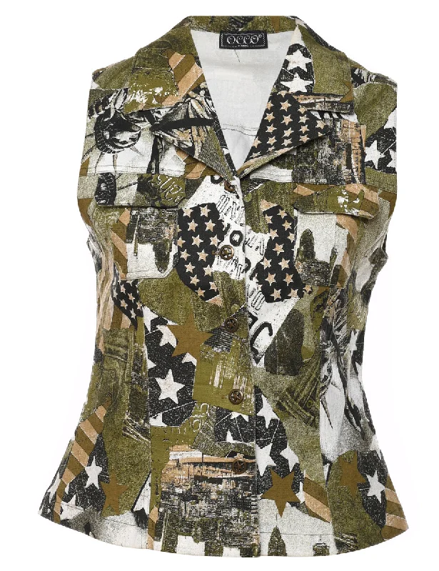 Fashion Must-have Olive Green & Black Y2K Printed Waistcoat - S