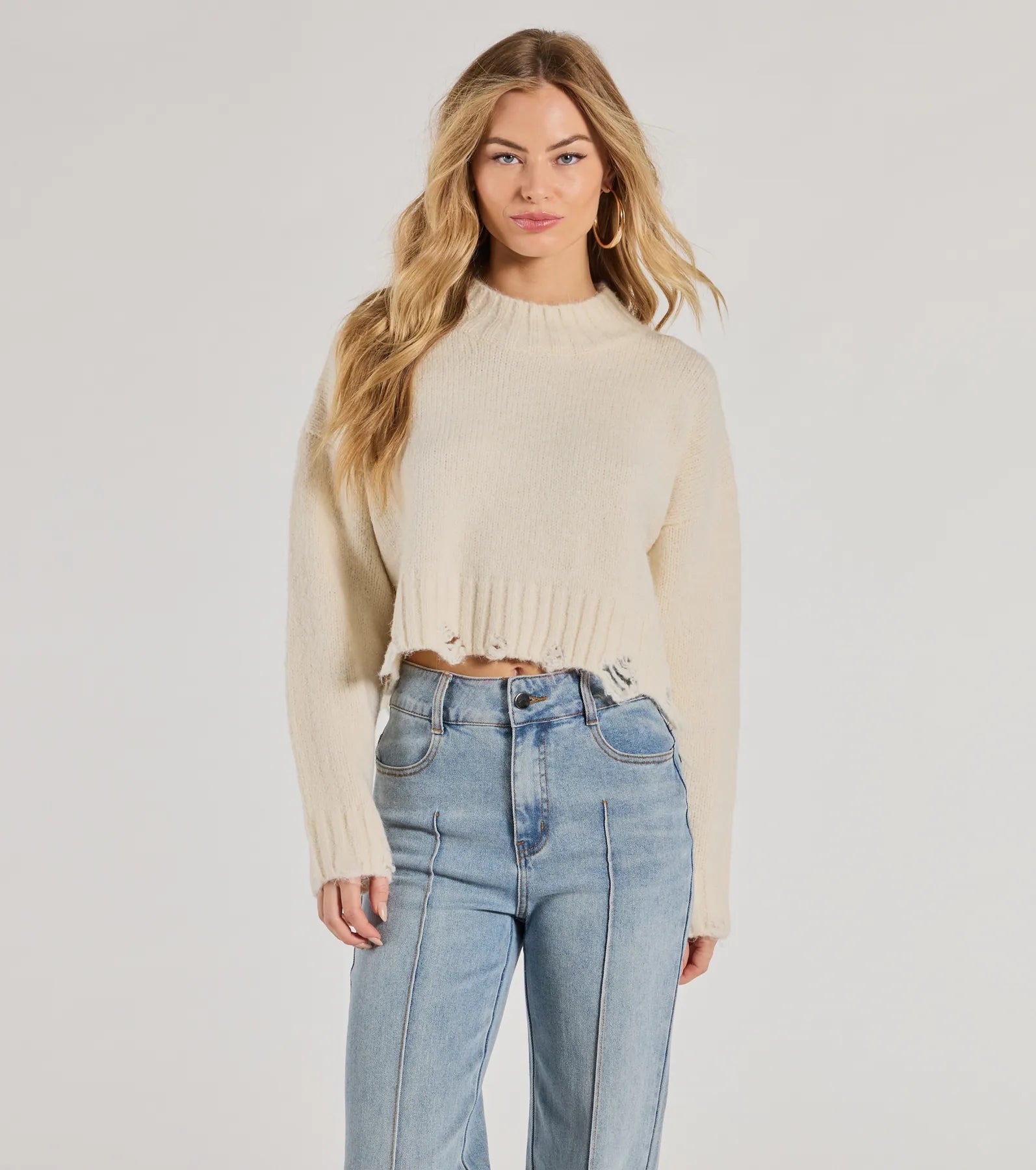 On-Trend Distressed Knit Mock Neck Sweater