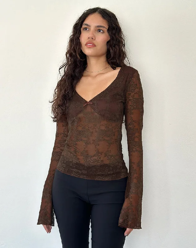 Personal Design Orphee Long Sleeve Lace Top in Brown