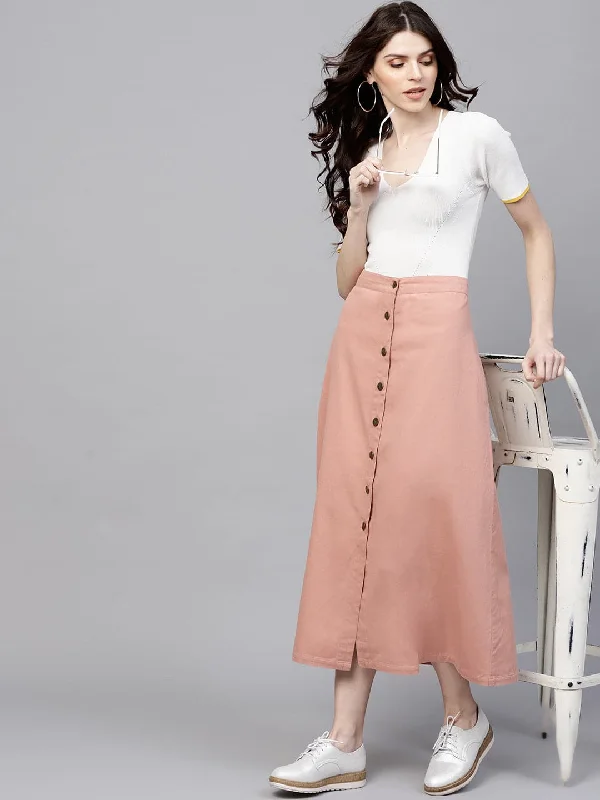 Versatile Items Pink Denim Longline Buttoned Skirt