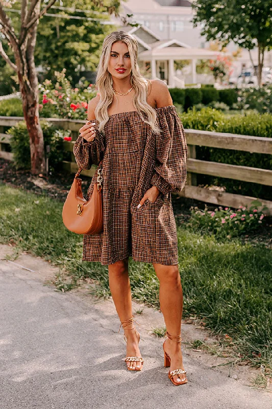 Simple Matching Pumpkin Spice Cutie Plaid Mini Dress in Brown