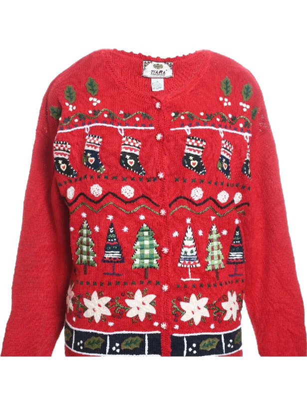 Red Knit Embroidered Christmas Jumper - M