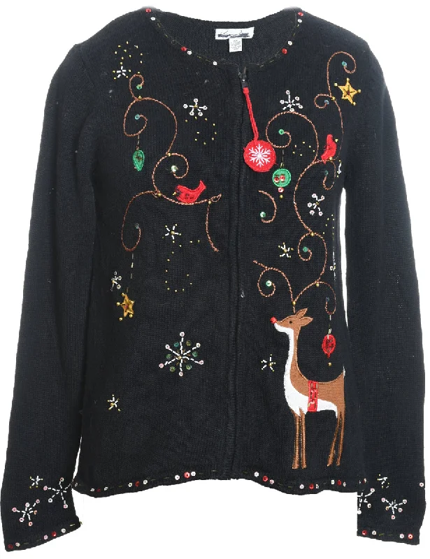 Reindeer Design Black Beaded Christmas Cardigan - M