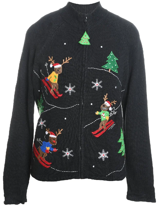 Reindeer Design Black Zip-Front Appliqued Christmas Cardigan  - M