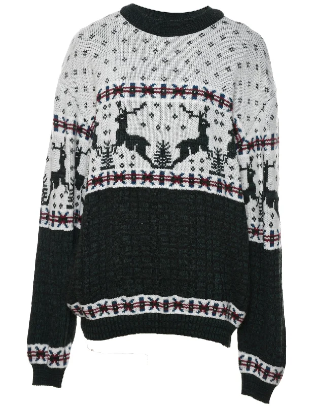 Reindeer Design Off-White Dark & Green Nordic Jumper - L