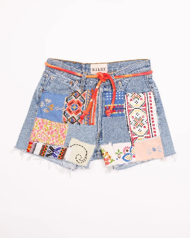 Elegant Temperament RILEY VINTAGE TOTALLY PATCHED UP DENIM CUT OFF SHORTS preorder ships in 2 weeks