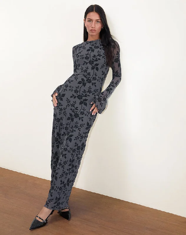 Sexy Fun Slokya Long Sleeve Maxi Dress in Vine Floral Flock Ocean Storm