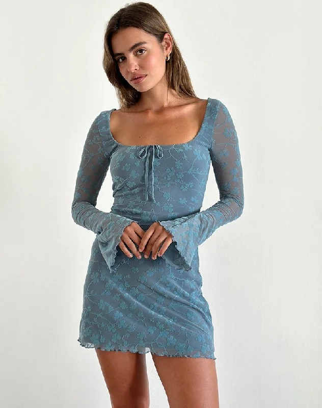 Cozy Fashions Tatyana Mini Dress in Grunge Floral Blue Grey