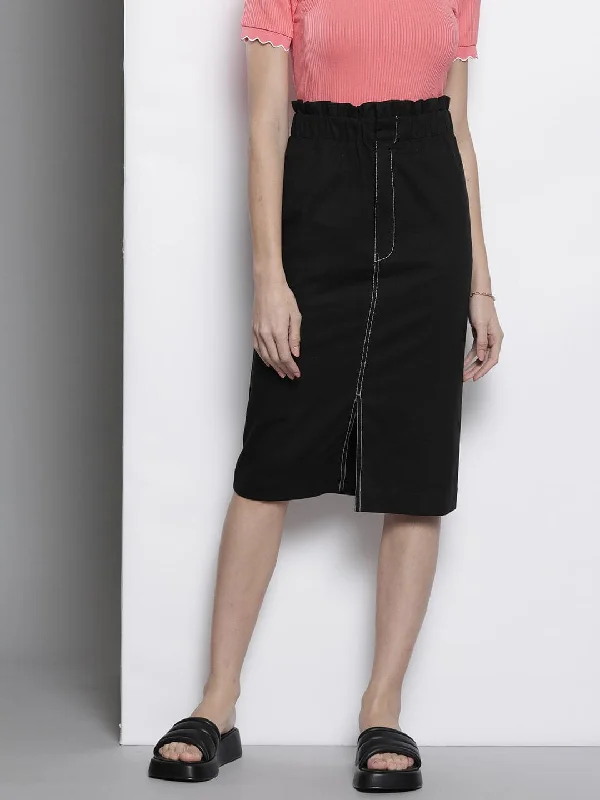 Retro Fashion Women Black Contrast Stitch Twill Pencil Skirt