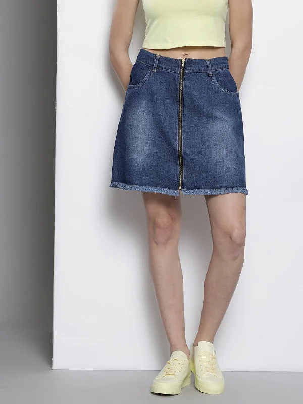 Soft And Comfortable Women Blue Denim Front Zipper Mini Skirt