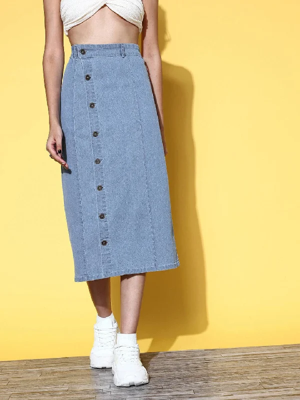 Simple And Comfortable Women Blue Front Button Midi Denim Skirt