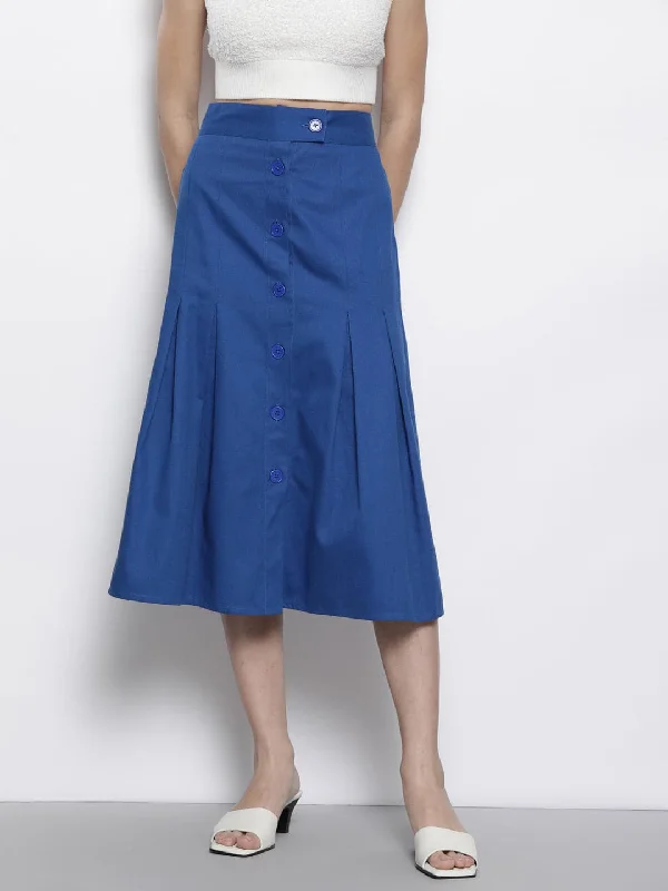 Youthful Street Fashion Women Blue Twill Front Button Pleated Skirt