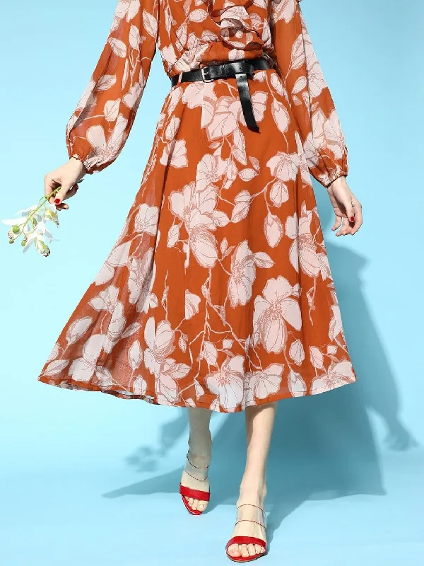 Trendy Casuals Brown Floral A-Line Belted Skirt