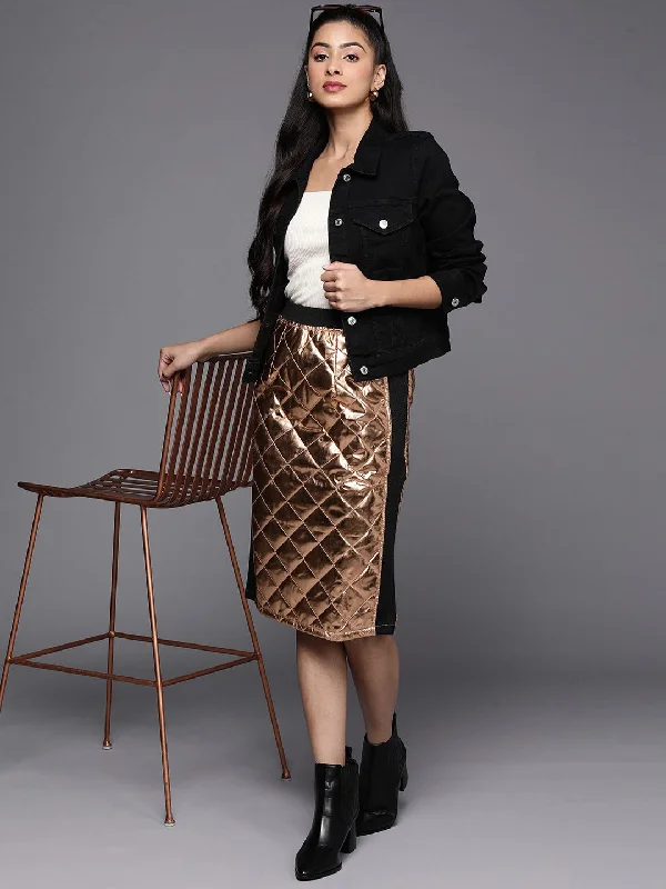 Single-shoulder Neck Design Women Copper Mettalic Pencil Skirt