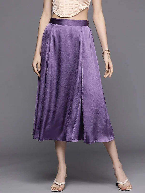 Ethnic Style Women Purple Satin Front Slit Flared Midi Skirt