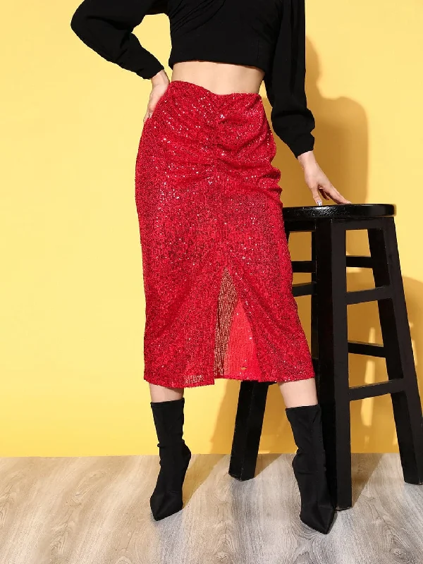 Simple Solid Color Women Red Sequin Midi Pencil Skirt