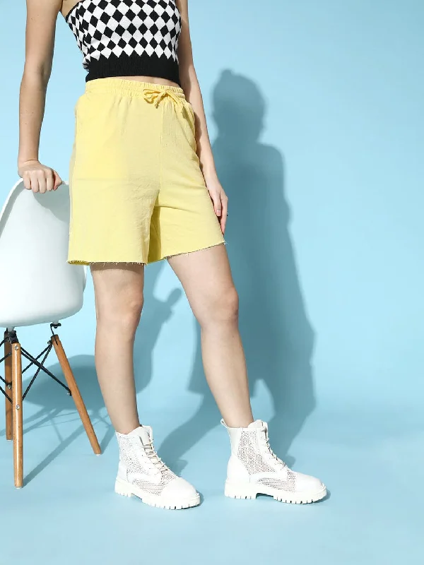Retro Prints Women Yellow Terry Raw Hem Baseball Shorts