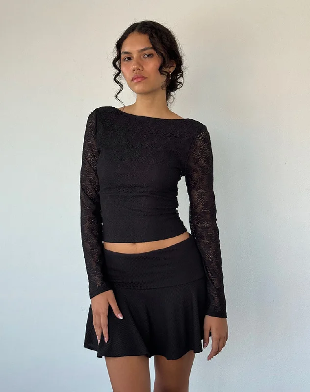 Chic Lounge Xiabon Backless Long Sleeve Top in Lace Black