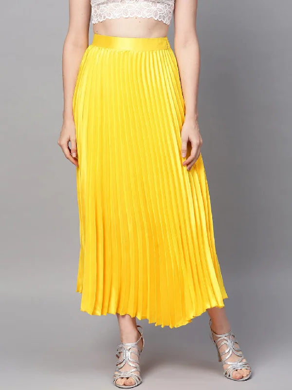 Free And Casual Yellow Satin Pleated Maxi Skirt