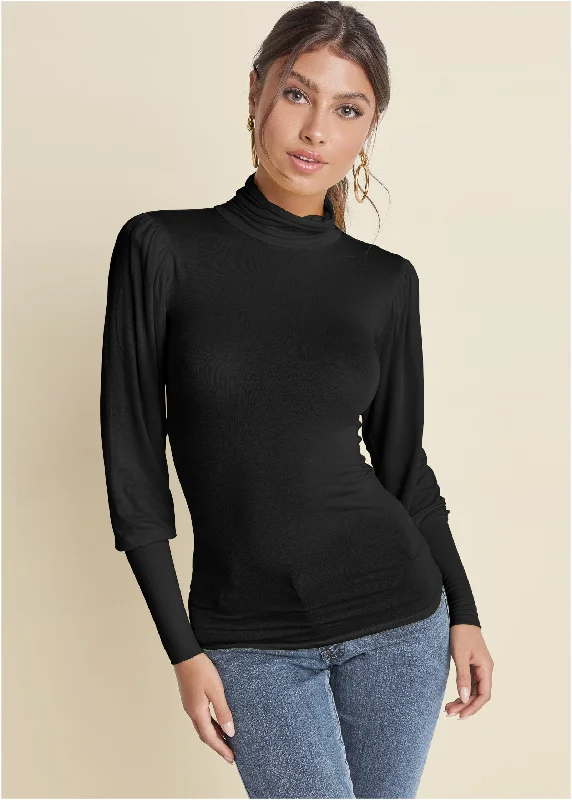 Lounge Wear Turtleneck Long Sleeve Top - Black