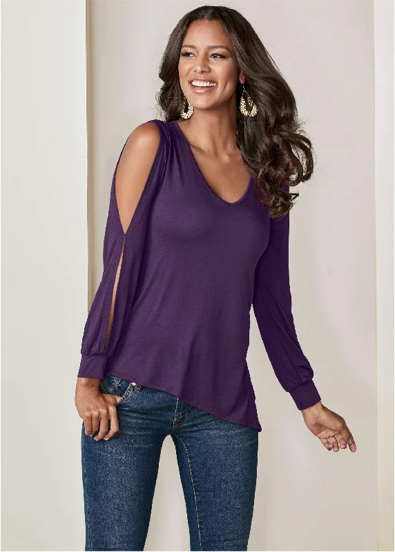 Comfortable And Casual V-Neck Cold-Shoulder Top - Dark Purple